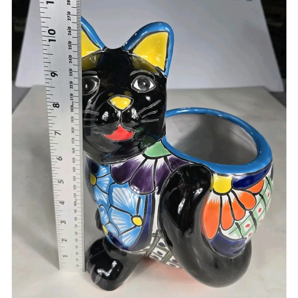 Talavera Cat PlanterMexican Pottery Art Hand Painted Pot 8.5